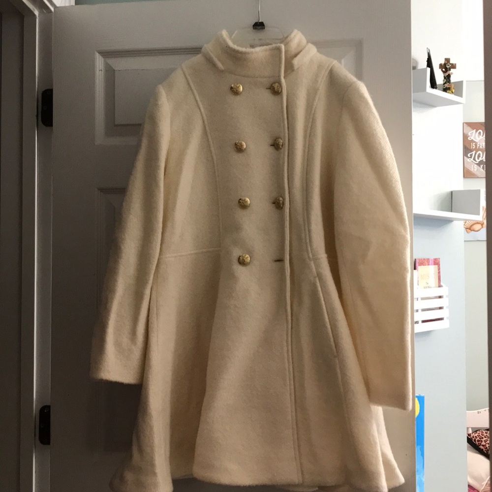 Women’s white pea Coat with Gold Buttons